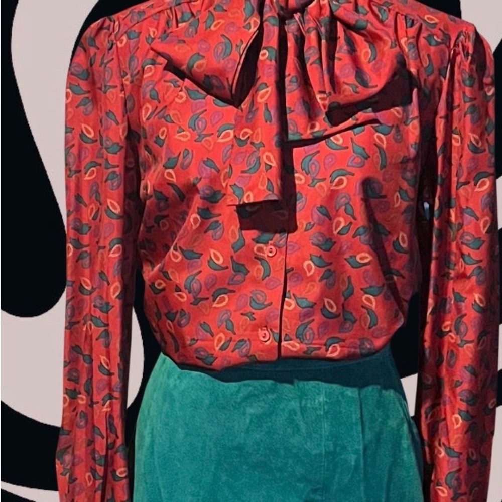 Floral Red Blouse with Bow Tie